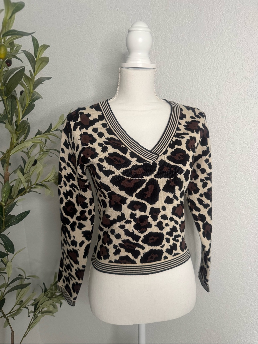 Leopard Print V-Neck Sweater - Cream and Brown